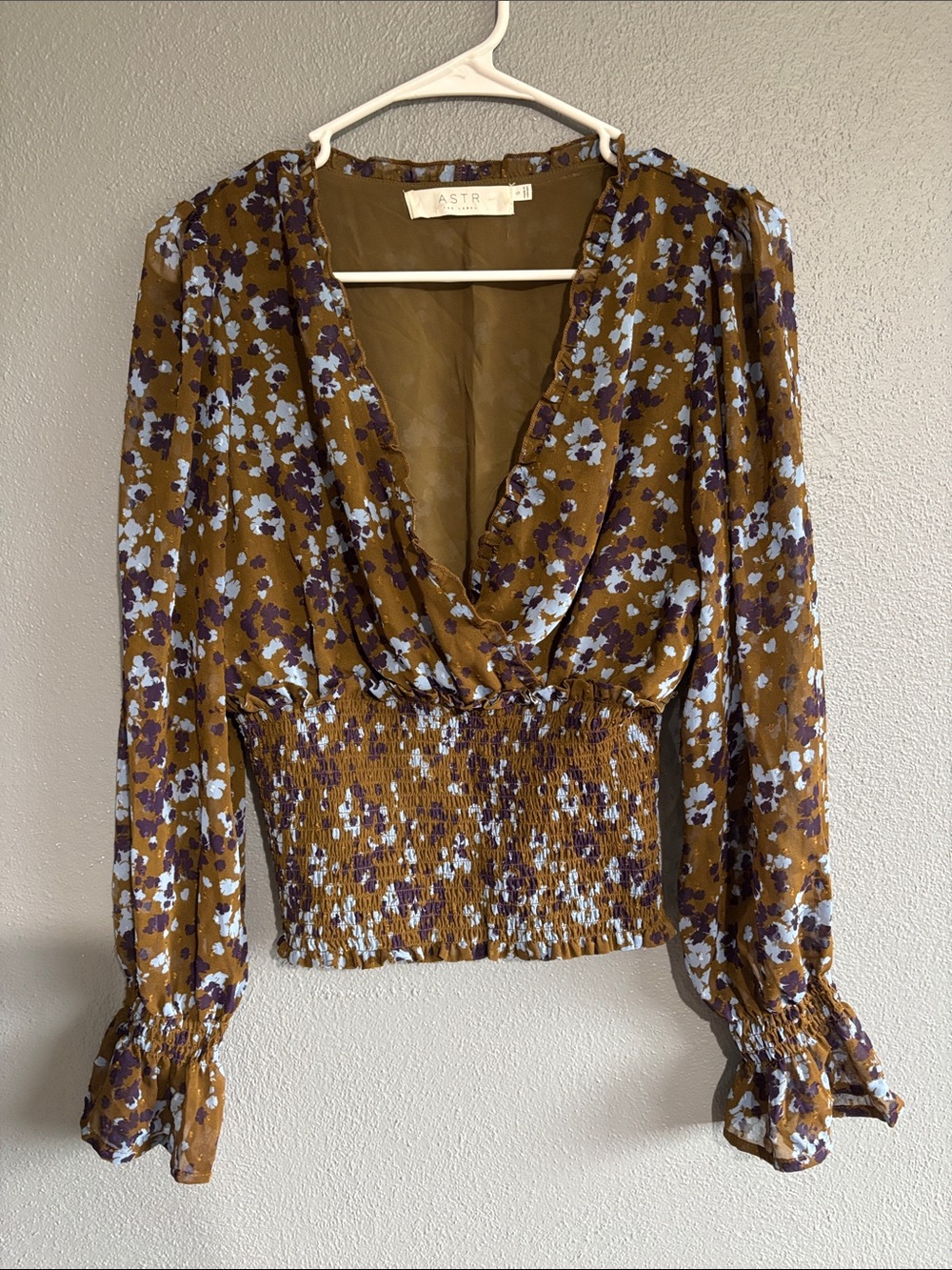 Astr Floral V-Neck Smocked Waist Blouse